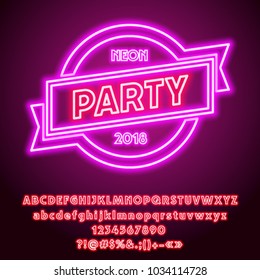  Vektorillustration rosa Neon leuchtendes Parteizeichen. Satz coole Alphabet-Buchstaben, Zahlen und Symbole