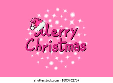 Vector pink New Year card, Merry Christmas, cartoon style, pink, gradient, glow, banner, postcard, poster, glamor, New Year's cap, for girls, congratulation, stars, twinkle, pink background, sparkle