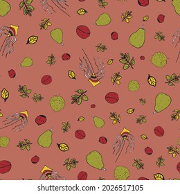 Vector Pink Nuts, Fruis, and Kite Autumn doodle background pattern