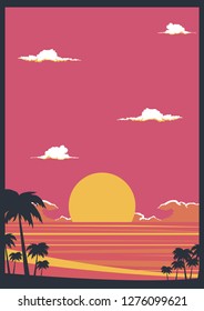 vector pink ocean sunset illustration, tropical beach with palms