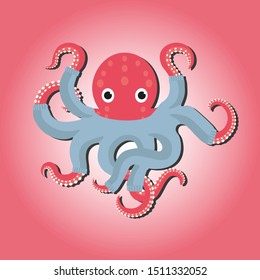 Vector pink octopus in cozy winter sweater on the gradient background 