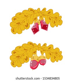 Vector pink on a golden oak branch with golden leaves. Illustration isolated on white. Jewelry nuts