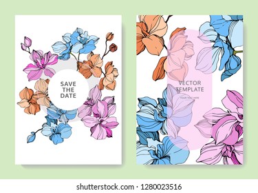 Vector Pink, orange and blue orchid flower. Engraved ink art. Wedding background card floral decorative border. Thank you, rsvp, invitation elegant card illustration graphic set banner.