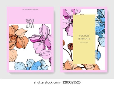 Vector Pink, orange and blue orchid flower. Engraved ink art. Wedding background card floral decorative border. Thank you, rsvp, invitation elegant card illustration graphic set banner.