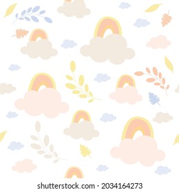 Vetor de arco-íris rosa e laranja, com nuvens e e folhas coloridas sobre fundo branco. impressão de decoração gráfica, design de natureza plano de fundo conceito imagem gerada digitalmente.