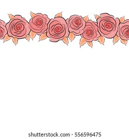 Vector pink and orange rose flowers horizontal seamless pattern with copy space (place for your text).