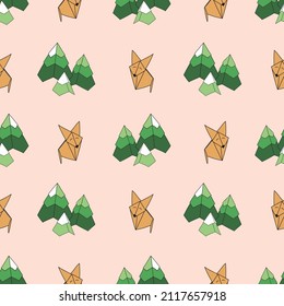 Vector pink Origami animals with fox and trees background pattern