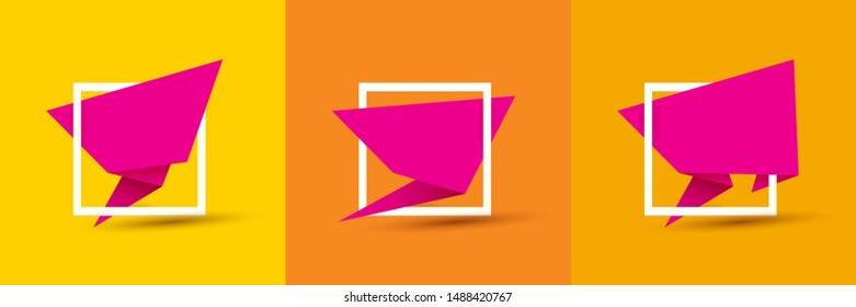 vector pink origami paper speech bubble set isolated on orange background.  Vector abstract background for web, flyer, poster or banner design