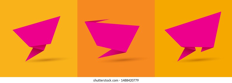 vector pink origami paper speech bubble set isolated on orange background.  Vector abstract background for web, flyer, poster or banner design