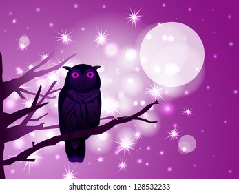 vector pink owl on the branch on starry pink background, eps10 file, gradient mesh and transparency used, raster version available