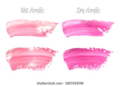 Vector pink paint smear stroke stain set. Abstract pink glittering textured art illustration. Acrylic Texture Paint Stain Illustration. Hand drawn brush strokes vector elements. Acrilyc strokes.