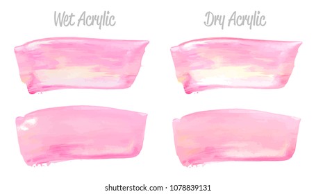 Vector pink paint smear stroke stain set. Abstract pink glittering textured art illustration. Acrylic Texture Paint Stain Illustration. Hand drawn brush strokes vector elements. Acrilyc strokes.