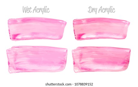 Vector pink paint smear stroke stain set. Abstract pink glittering textured art illustration. Acrylic Texture Paint Stain Illustration. Hand drawn brush strokes vector elements. Acrilyc strokes.