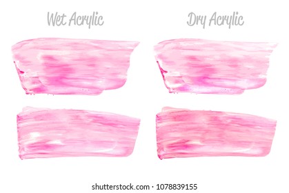 Vector pink paint smear stroke stain set. Abstract pink glittering textured art illustration. Acrylic Texture Paint Stain Illustration. Hand drawn brush strokes vector elements. Acrilyc strokes.