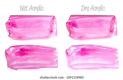 Vector pink paint smear stroke stain set. Abstract pink glittering textured art illustration. Acrylic Texture Paint Stain Illustration. Hand drawn brush strokes vector elements. Acrilyc strokes.