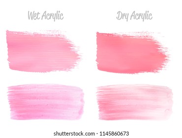 Vector pink paint smear stroke stain set. Abstract pink glittering textured art illustration. Acrylic Texture Paint Stain Illustration. Hand drawn brush strokes vector elements. Acrilyc strokes.