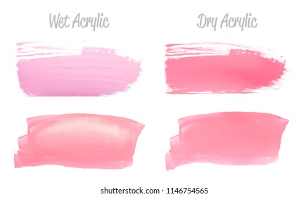 Vector pink paint smear stroke stain set. Abstract pink glittering textured art illustration. Acrylic Texture Paint Stain Illustration. Hand drawn brush strokes vector elements. Acrilyc strokes.