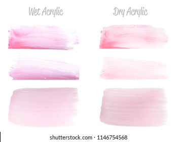 Vector pink paint smear stroke stain set. Abstract pink glittering textured art illustration. Acrylic Texture Paint Stain Illustration. Hand drawn brush strokes vector elements. Acrilyc strokes.