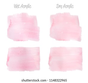 Vector pink paint smear stroke stain set. Abstract pink glittering textured art illustration. Acrylic Texture Paint Stain Illustration. Hand drawn brush strokes vector elements. Acrilyc strokes.