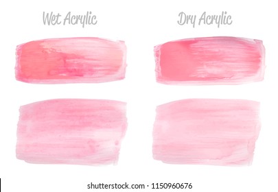 Vector pink paint smear stroke stain set. Abstract pink glittering textured art illustration. Acrylic Texture Paint Stain Illustration. Hand drawn brush strokes vector elements. Acrilyc strokes.