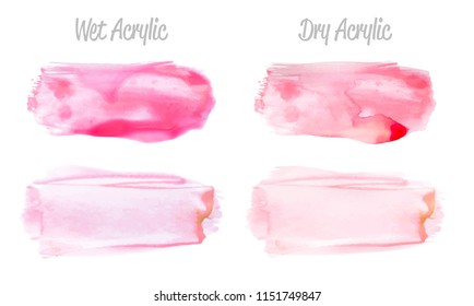 Vector pink paint smear stroke stain set. Abstract pink glittering textured art illustration. Acrylic Texture Paint Stain Illustration. Hand drawn brush strokes vector elements. Acrilyc strokes.