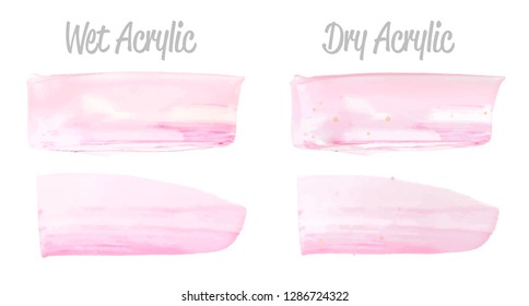 Vector pink paint smear stroke stain set. Abstract pink glittering textured art illustration. Acrylic Texture Paint Stain Illustration. Hand drawn brush strokes vector elements. Acrilyc strokes.