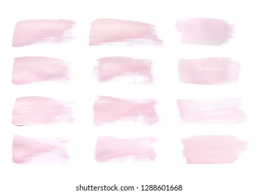 Vector pink paint smear stroke stain set. Abstract pink glittering textured art illustration. Acrylic Texture Paint Stain Illustration. Hand drawn brush strokes vector elements. Acrilyc strokes.