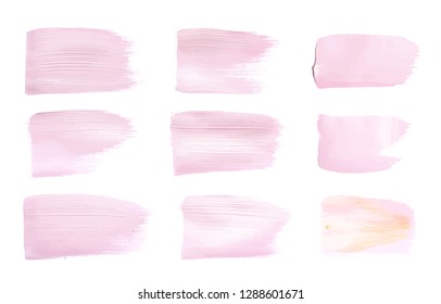 Vector pink paint smear stroke stain set. Abstract pink glittering textured art illustration. Acrylic Texture Paint Stain Illustration. Hand drawn brush strokes vector elements. Acrilyc strokes.