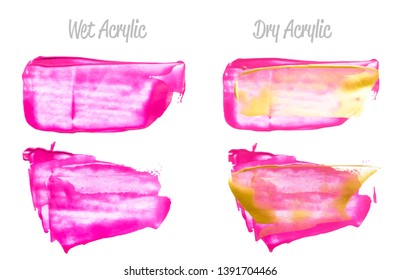 Vector pink paint smear stroke stain set. Abstract pink glittering textured art illustration. Acrylic Texture Paint Stain Illustration. Hand drawn brush strokes vector elements. Acrilyc strokes.
