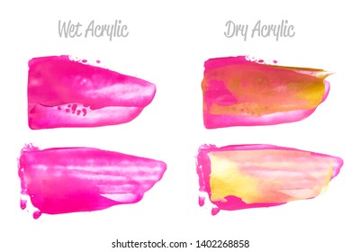 Vector pink paint smear stroke stain set. Abstract pink glittering textured art illustration. Acrylic Texture Paint Stain Illustration. Hand drawn brush strokes vector elements. Acrilyc strokes.