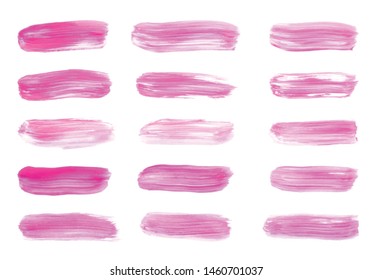 Vector pink paint smear stroke stain set. Abstract pink glittering textured art illustration. Acrylic Texture Paint Stain Illustration. Hand drawn brush strokes vector elements. Acrilyc strokes.