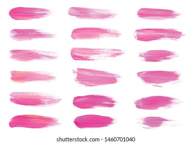 Vector pink paint smear stroke stain set. Abstract pink glittering textured art illustration. Acrylic Texture Paint Stain Illustration. Hand drawn brush strokes vector elements. Acrilyc strokes.