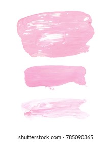 Vector pink paint smear stroke stain set. Abstract pink glittering textured art illustration. Acrylic Texture Paint Stain Illustration. Hand drawn brush strokes vector elements. Acrilyc strokes.
