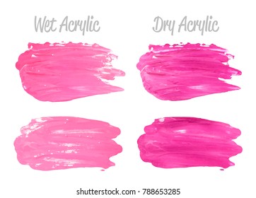 Vector pink paint smear stroke stain set. Abstract pink glittering textured art illustration. Acrylic Texture Paint Stain Illustration. Hand drawn brush strokes vector elements. Acrilyc strokes.
