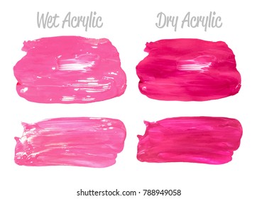 Vector pink paint smear stroke stain set. Abstract pink glittering textured art illustration. Acrylic Texture Paint Stain Illustration. Hand drawn brush strokes vector elements. Acrilyc strokes.