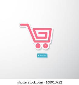 Vector Pink Paper Cart, I Love Shopping Blue Tag
