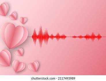 Forma de corazón de papel rosa vectorial con onda de sonido sobre fondo degradado rosa. Concepto feliz Día de San Valentín. 