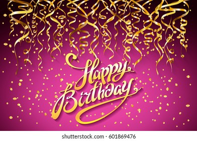vector pink party background. Happy Birthday Celebration Design, Vector gold confetti Elements, Greeting Card Template purple Colors art