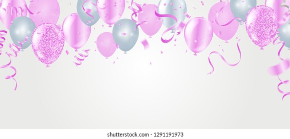 Vector Pink party balloons illustration. Confetti and ribbons flag ribbons, Celebration background template