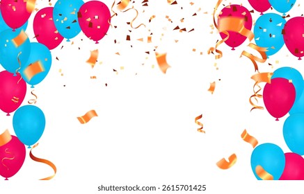 Vector Pink party balloons illustration. Confetti and ribbons flag ribbons, Celebration background template