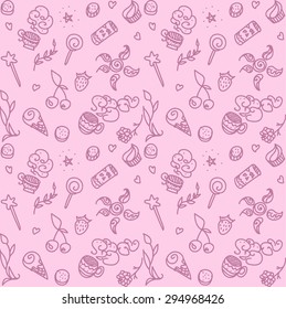 Vector pink pattern with things from life: food, drink, magic wand, cups, plant