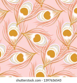 Vector pink peacock pattern. Glamour tender colors coral pattern. Hawaii bohemin botanical nature texture. Elegan tropical boho art