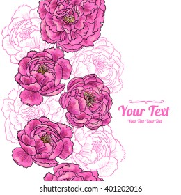 Vector pink peonies flowers vertical frame pattern background . Invitation or greeting card design.Vector illustration