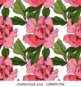 Vector Pink peony. Floral botanical flower. Wild spring leaf wildflower isolated. Engraved ink art. Seamless background pattern. Fabric wallpaper print texture.