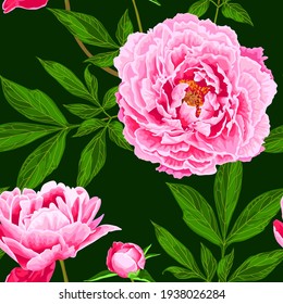 vector pink peony and green leaves seamless pattern