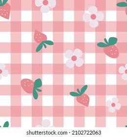 vector pink picnic strawberry flower seamless pattern background, perfect for fabric, scrapbooking, wallpaper, stationery, children projects.