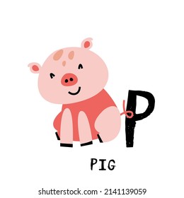 Vector pink pig isolated on white background. Alphabet for kids