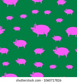 Vector Pink Pig Seamless Pattern on Green Background