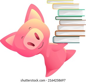 Caminatas de cerdo rosa vector, sostiene libros en sus garras