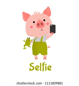 Vector Pink Piggy boy with a green frog makes selfie. Cartoon illustration 